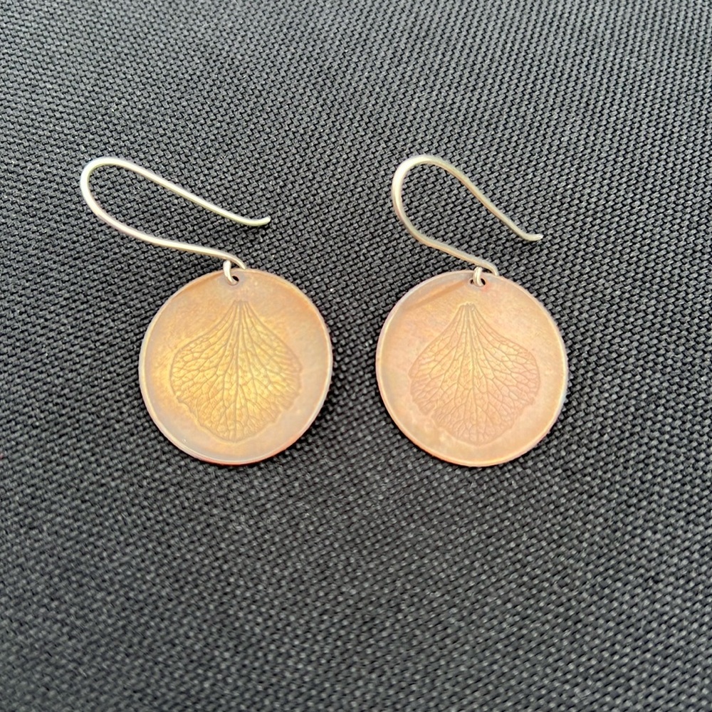 Handmade copper leaf drop earrings